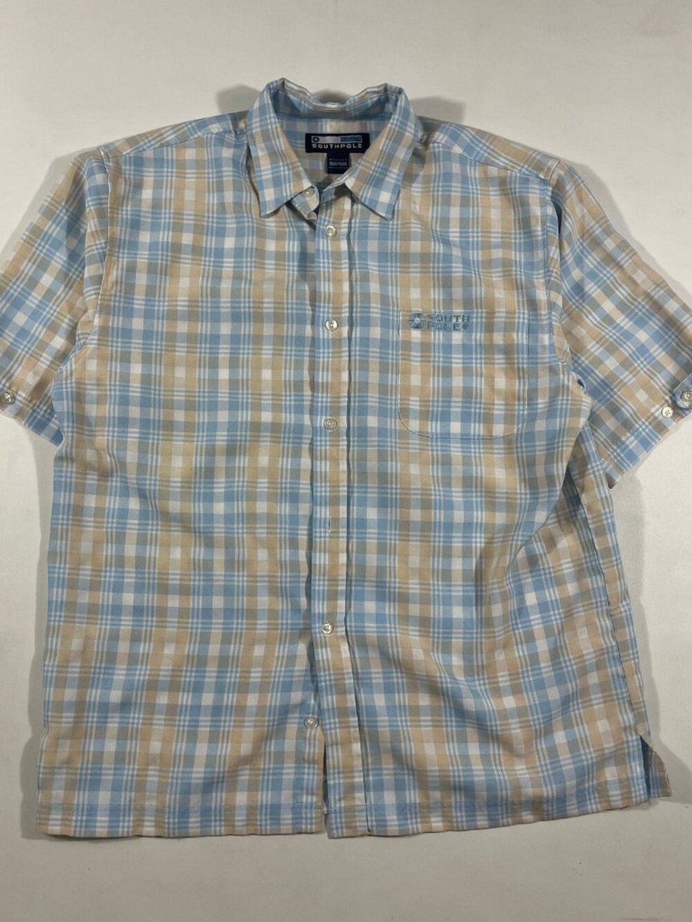 Vintage Y2K Southpole Blue Cream Plaid Short Sleeve Button Up Shirt L